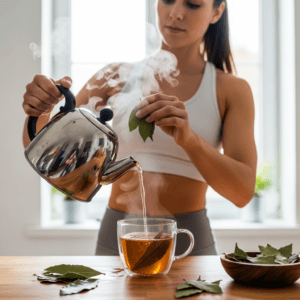 fit woman pouring bay leaf tea from a kettle to a transparent glass tea cup