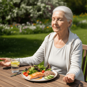 healthy senior woman eating a meal