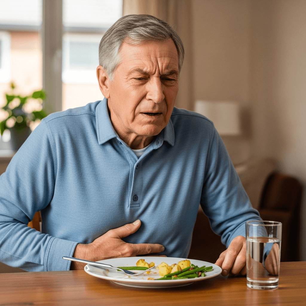 senior man showing discomfort from eating a meal | gut discomfort