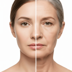 before and after of a woman’s aging skin