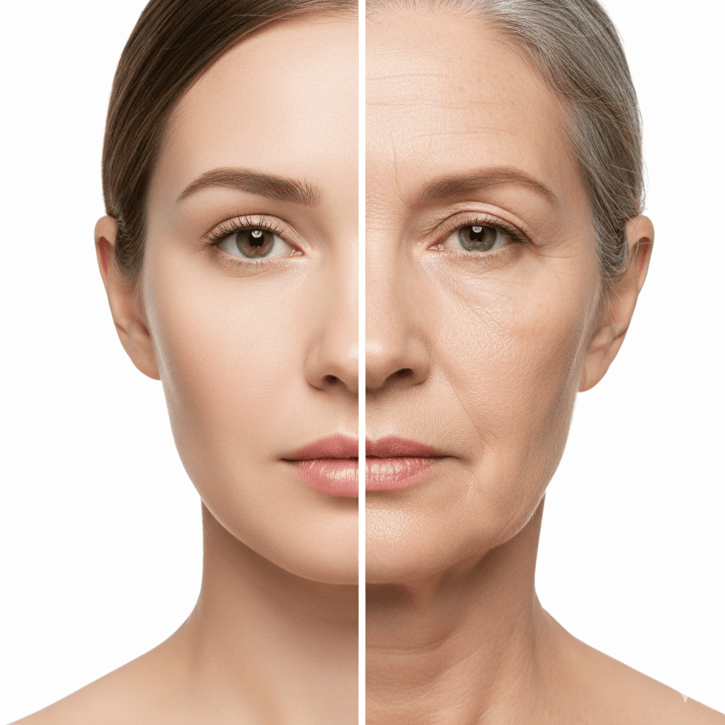 before and after of a woman’s aging skin