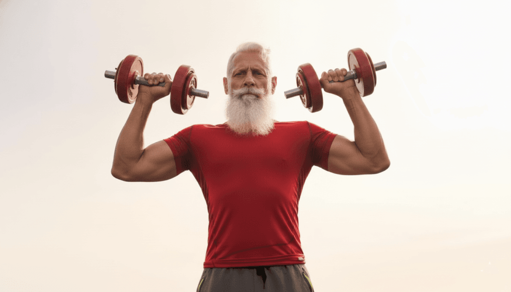 fit elderly man holding dumbbells