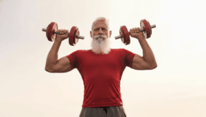 fit elderly man holding dumbbells