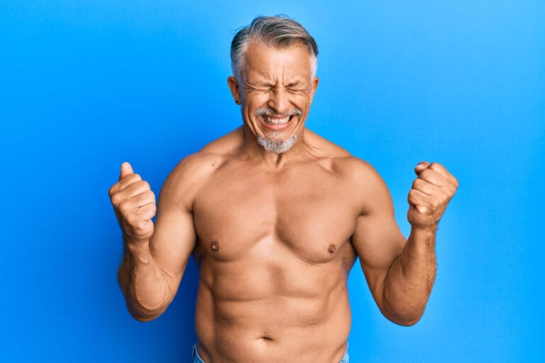 shirtless fit senior man with clear skin