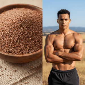 side by side image of teff grain and a shirtless muscular man