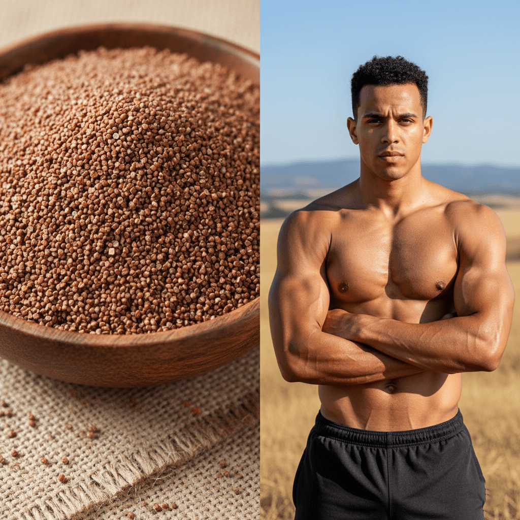 side by side image of teff grain and a shirtless muscular man