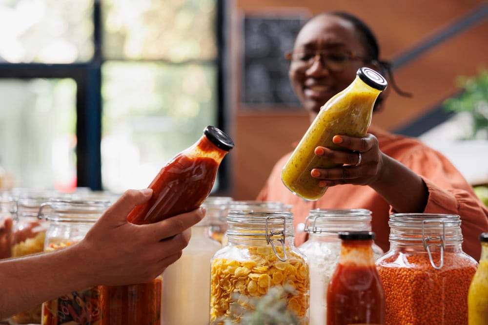 woman holding food in a jar