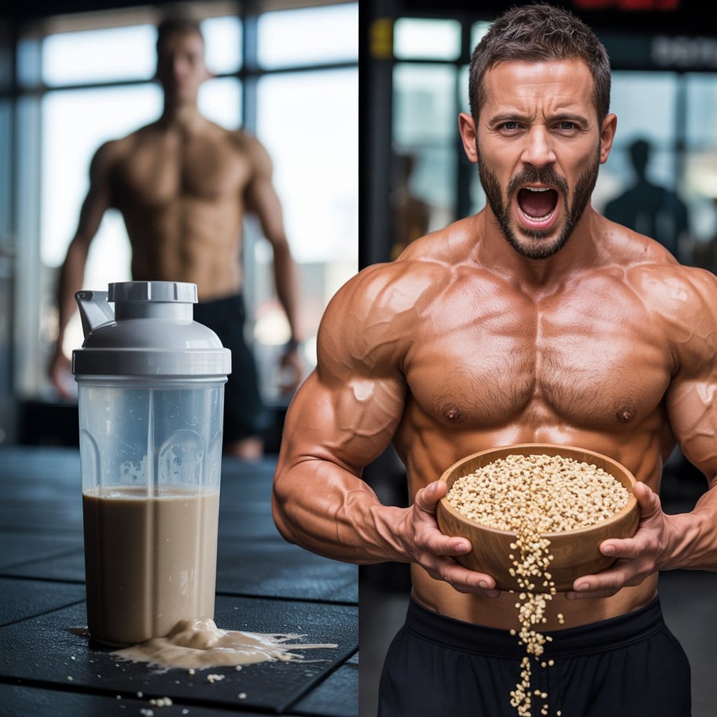 fit muscular man holding a bowl of quinoa, a superfood or super grain