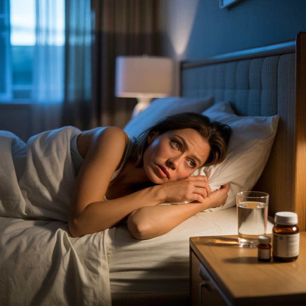 woman lies awake on her bed at night, unable to sleep with supplements on her bedside table