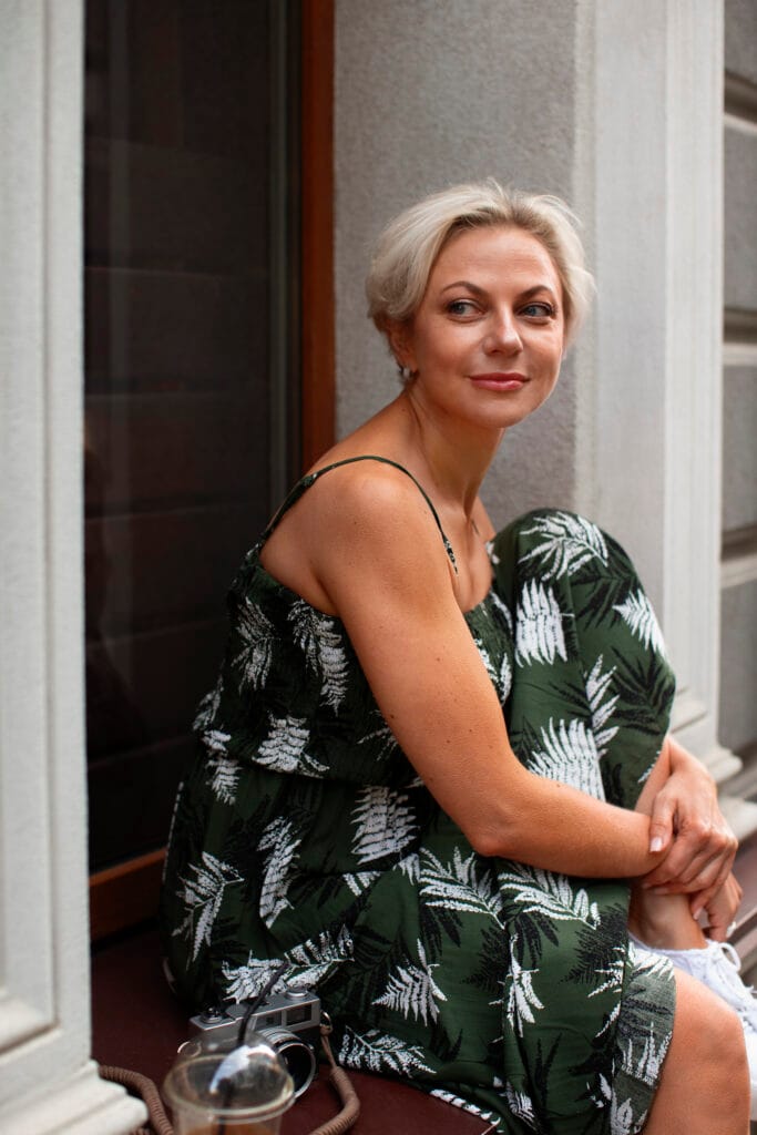 mature woman wearing beautiful sundress