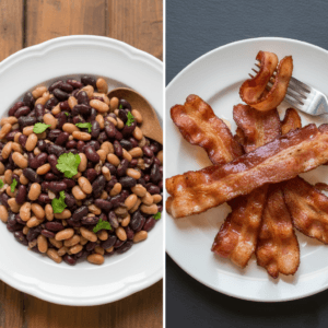 low-glycemic vs low-carb diet. Split image with dry beans on the left and bacon on the right