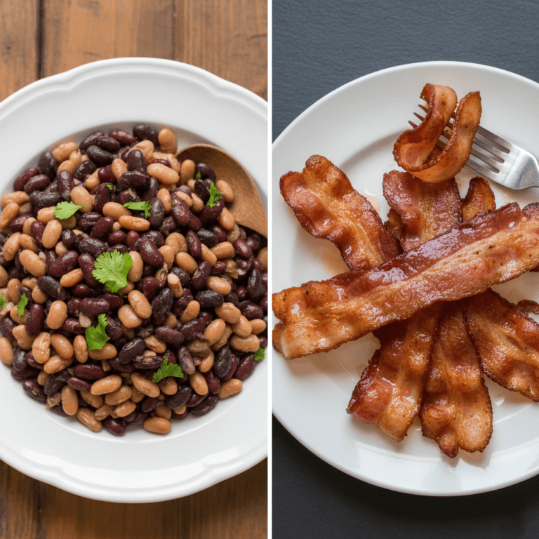 low-glycemic vs low-carb diet. Split image with dry beans on the left and bacon on the right