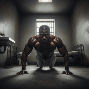 muscular african american man doing push-ups in prison
