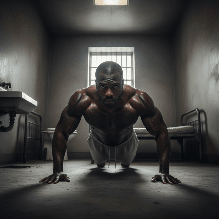 muscular african american man doing push-ups in prison