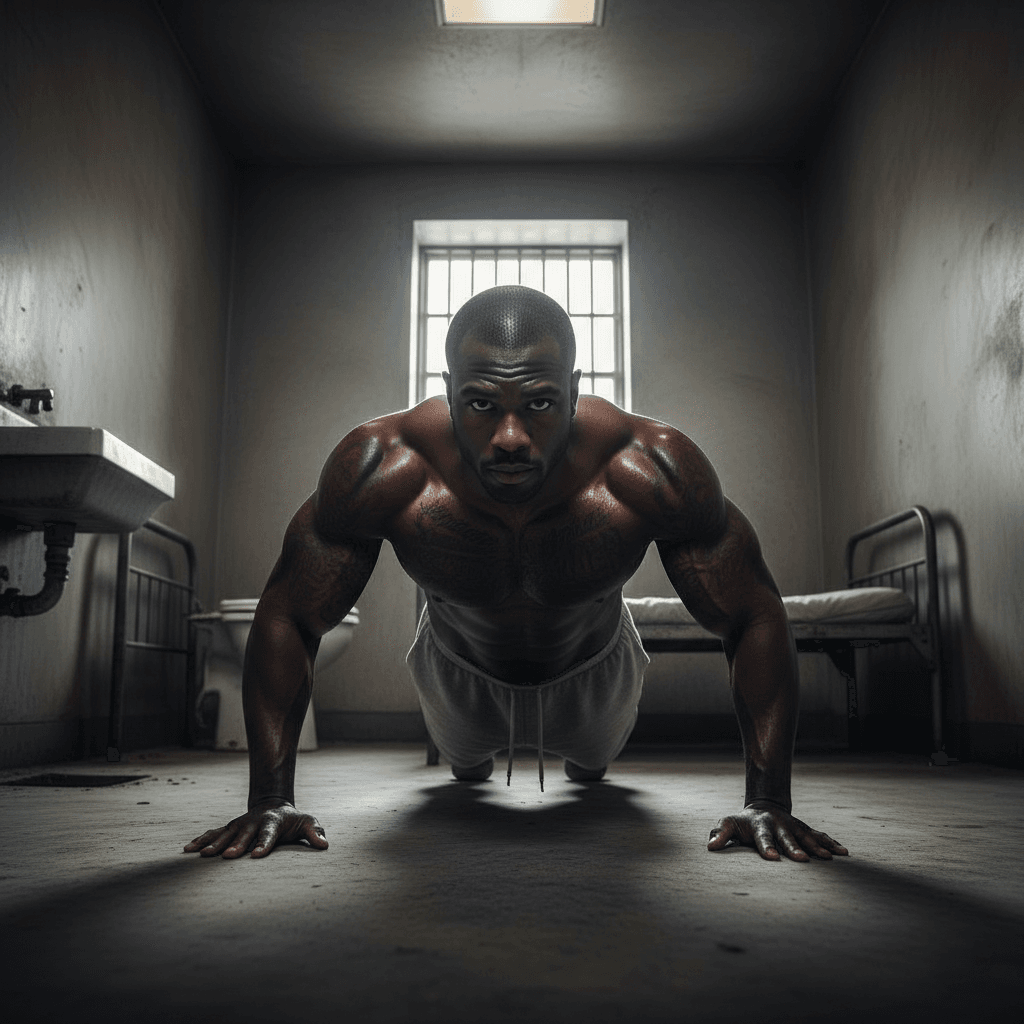 muscular african american man doing push-ups in prison