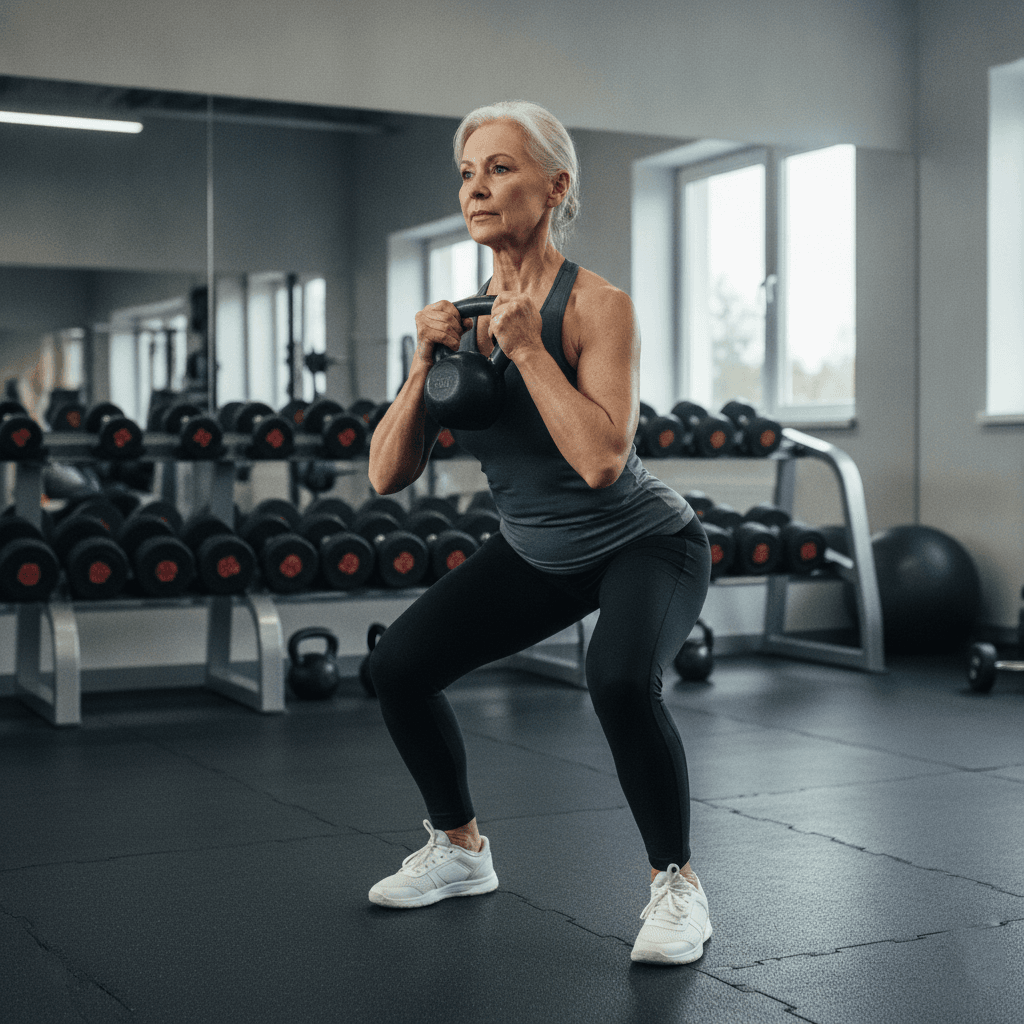fit senior woman doing a goblet squat