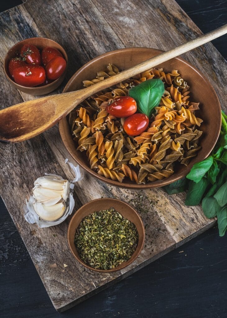 meal, pasta, salad, vegetables, italian, tomatoes, herbs, basil