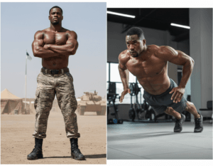 side by side image of shirtless muscular solider and the same man doing a burpee workout