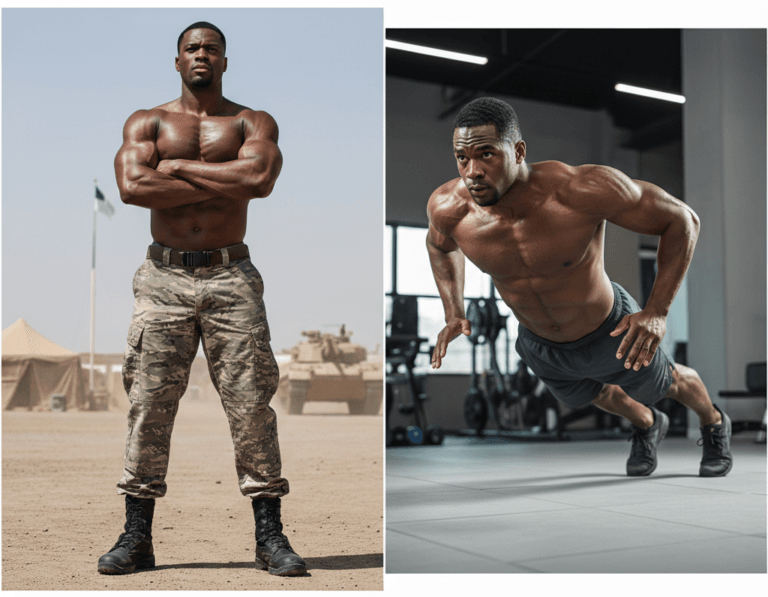 side by side image of shirtless muscular solider and the same man doing a burpee workout