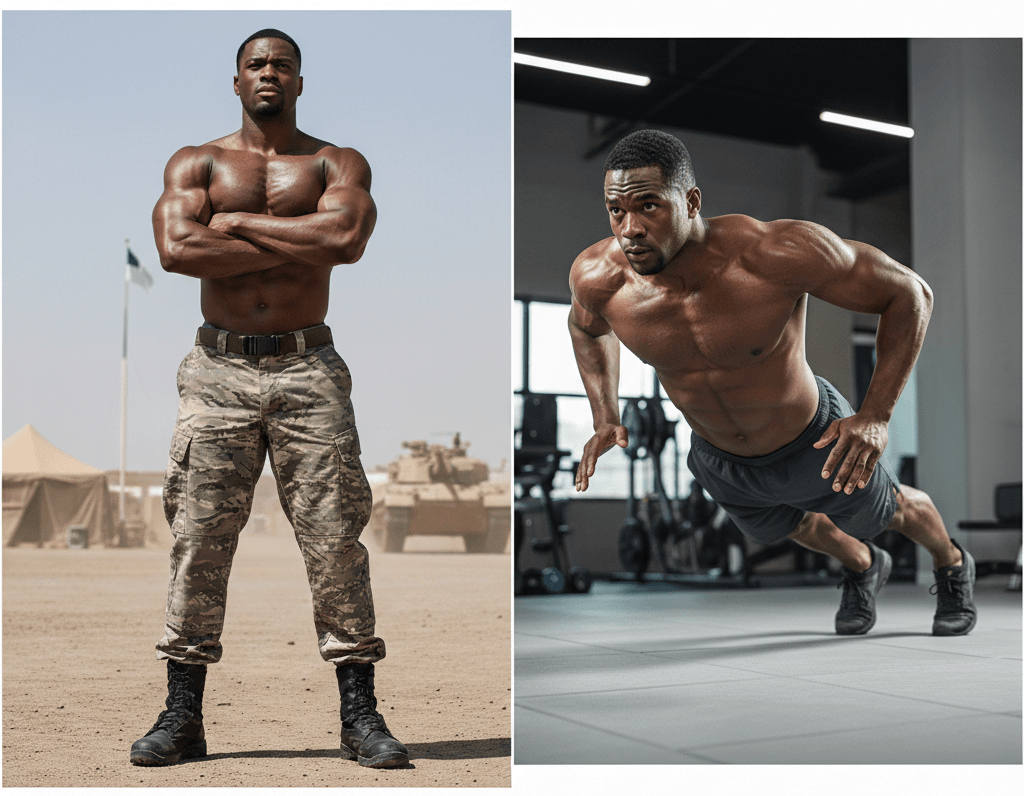 side by side image of shirtless muscular solider and the same man doing a burpee workout