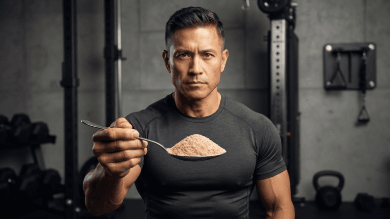 man holding a spoon filled with psyllium husk