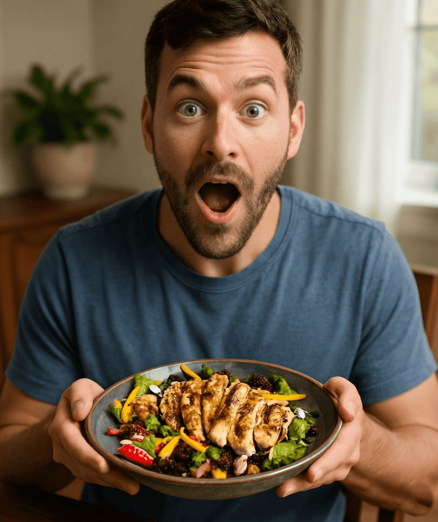 surprised man man holding a bowl of food