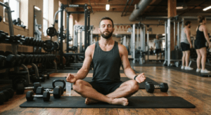 strong man doing breathing exercise in gym