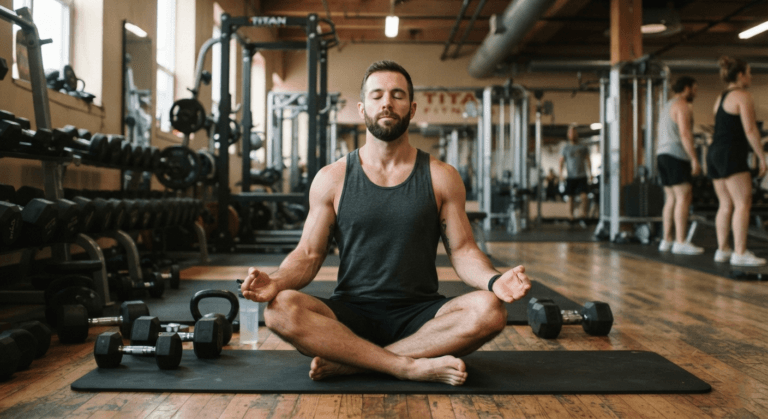 strong man doing breathing exercise in gym