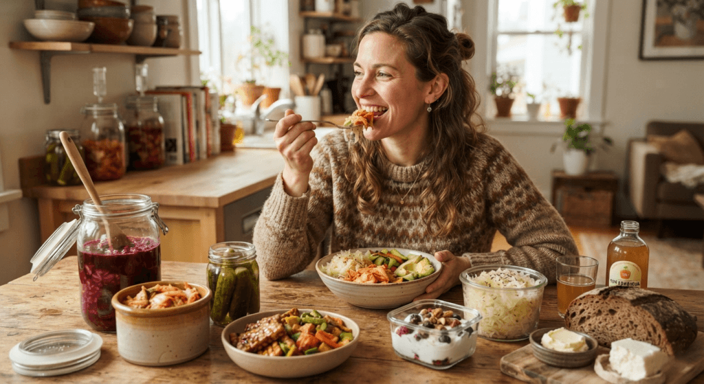 woman eating fermented foods with other fermented foods arranged on her table
