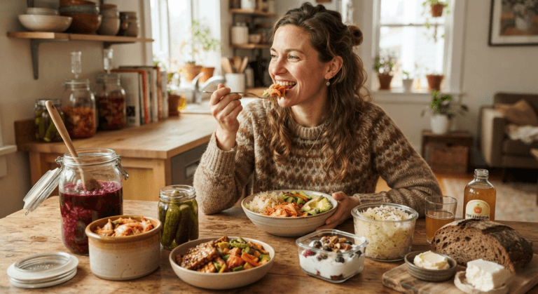 woman eating fermented foods with other fermented foods arranged on her table
