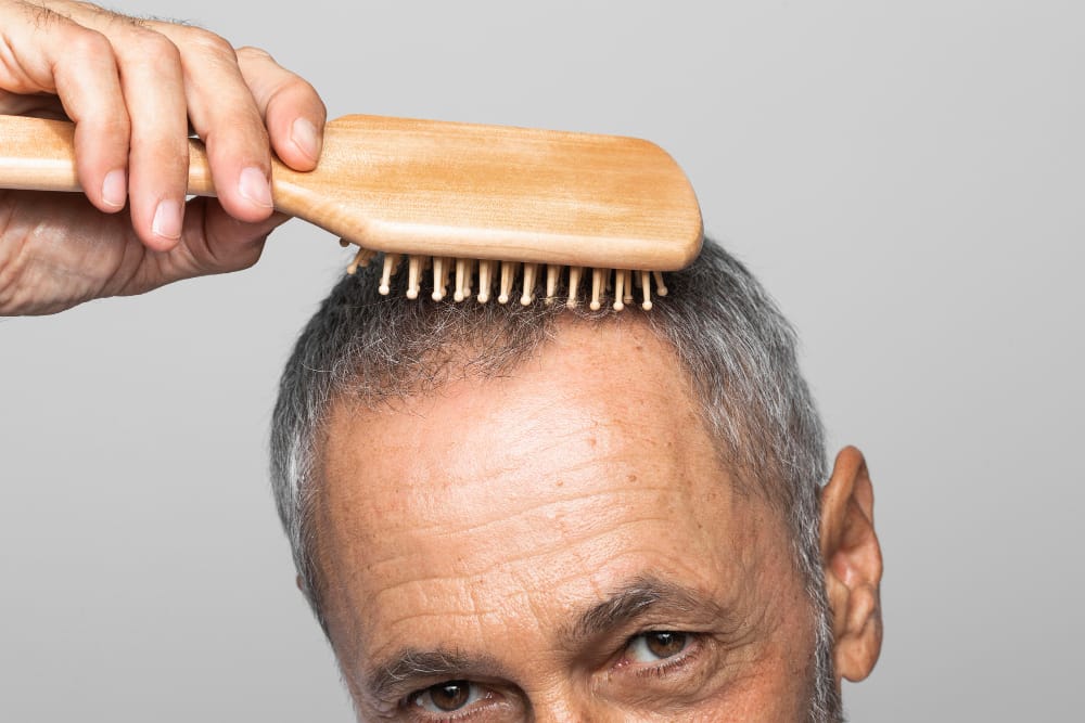 balding man combing hair