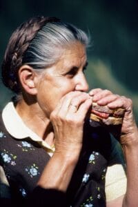 vesper, austria, loaf, meal, old, woman, senior, bite off