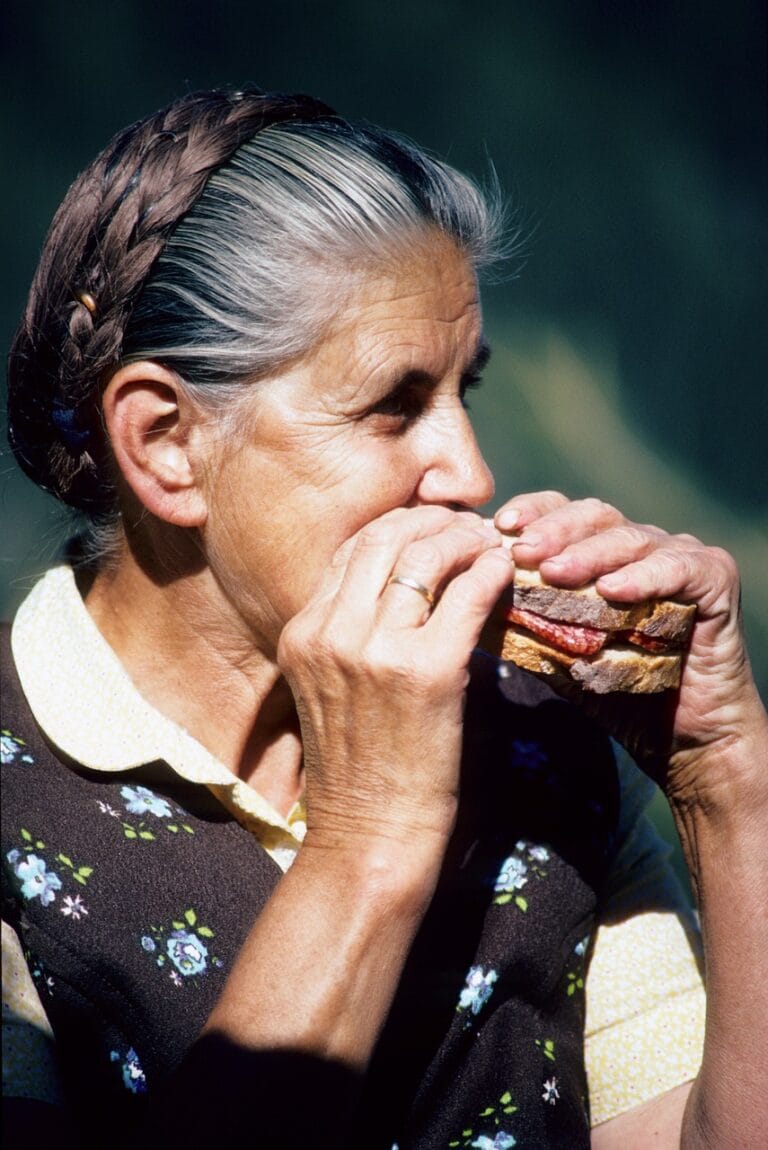 vesper, austria, loaf, meal, old, woman, senior, bite off