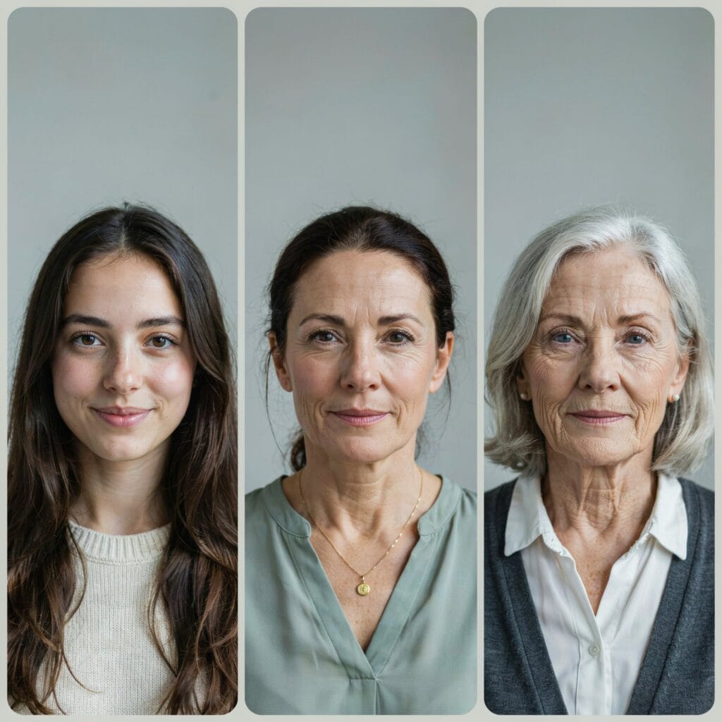 image of a woman as a young adult, middle aged and as a senior